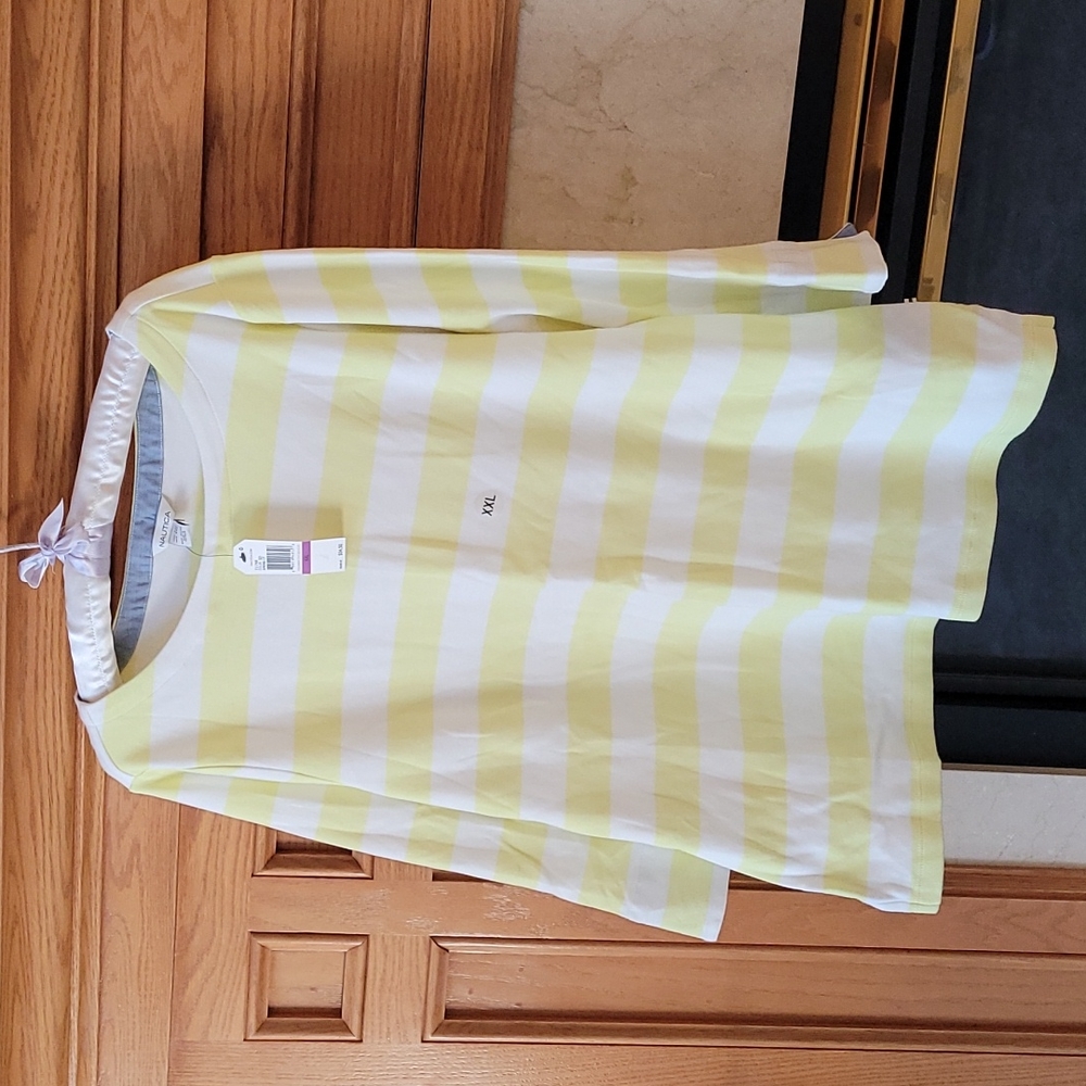 Nautica Women's 3/4 Sleeve XXL Cotton Stripe Top NWT Soft Lime Green